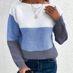 Women’s Pullover Knitted Sweater – Fashion Round Neck Splicing Loose Knit Top