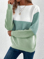 Women’s Pullover Knitted Sweater – Fashion Round Neck Splicing Loose Knit Top