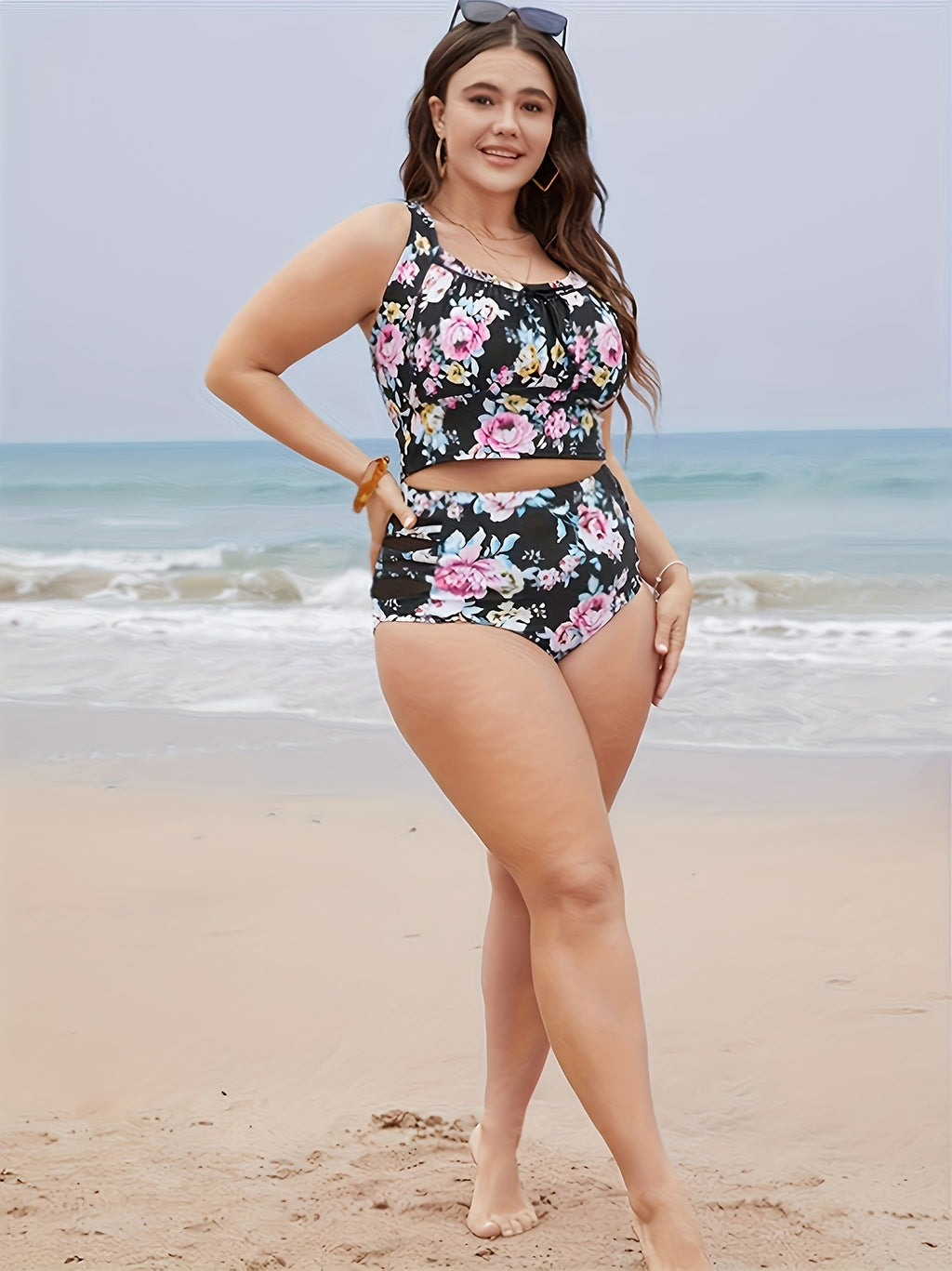 Women’s Plus-Size Floral Bikini Top with Adjustable Straps & Pleated Skirt – Beach Swimwear