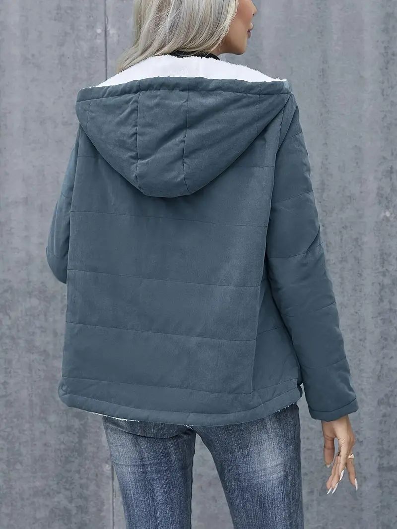 Women’s Fleece-Lined Hooded Coat – Preppy Style Warm Cotton Jacket with Pockets for Winter