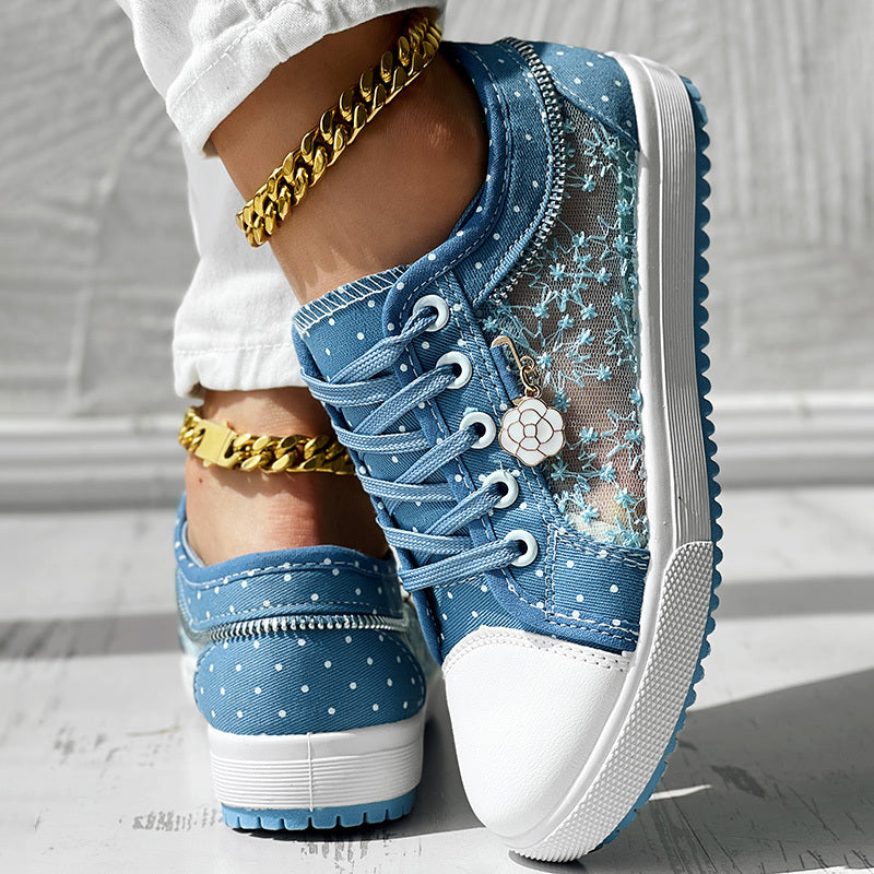 Floral Embroidered Polka Dot Print Sneakers – Trendy Casual Lace-Up Shoes for Women