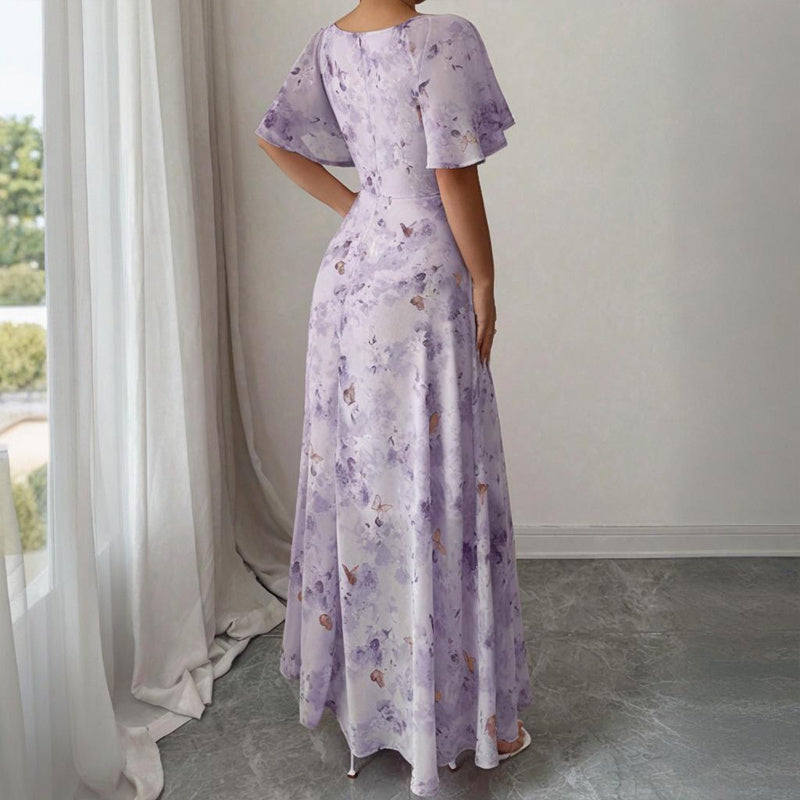 Women’s Square Neck Butterfly Print Maxi Dress – Short Sleeve A-Line Flowy Summer Vacation Dress