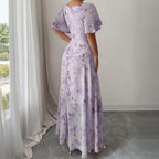 Women’s Square Neck Butterfly Print Maxi Dress – Short Sleeve A-Line Flowy Summer Vacation Dress