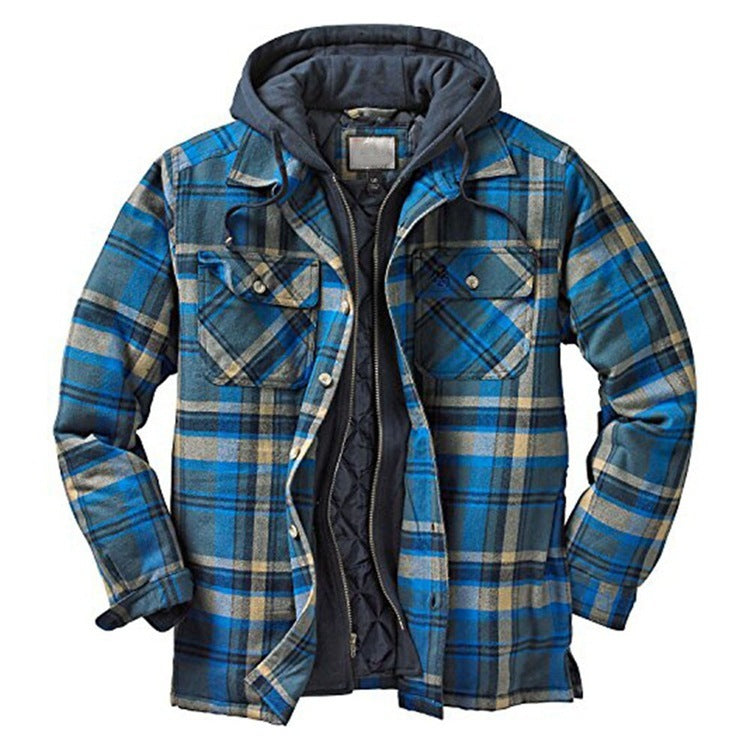 Men’s Thickened Cotton-Padded Plaid Hooded Jacket – Warm Loose Long Sleeve Winter Coat