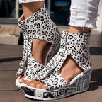 Round Toe Leopard Print Wedge Heels – Stylish Fish Mouth Casual High Heel Shoes for Women