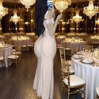 Women’s Sparkly Sequin Evening Gown – Elegant V-Neck Off-Shoulder Bodycon Dress with Thigh Slit