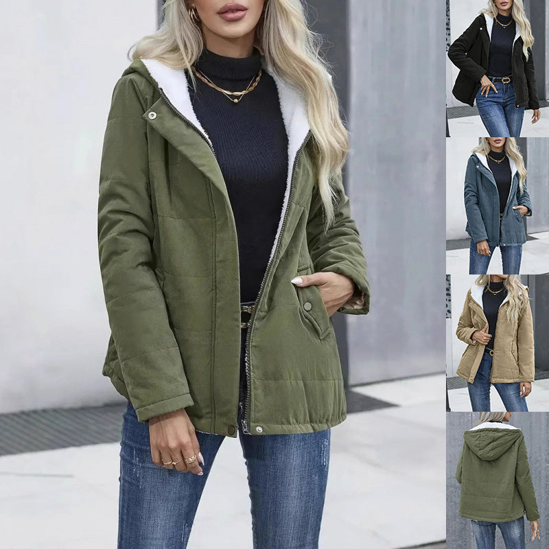 Women’s Fleece-Lined Hooded Coat – Preppy Style Warm Cotton Jacket with Pockets for Winter