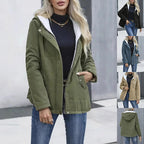 Women’s Fleece-Lined Hooded Coat – Preppy Style Warm Cotton Jacket with Pockets for Winter