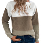 Women’s Pullover Knitted Sweater – Fashion Round Neck Splicing Loose Knit Top