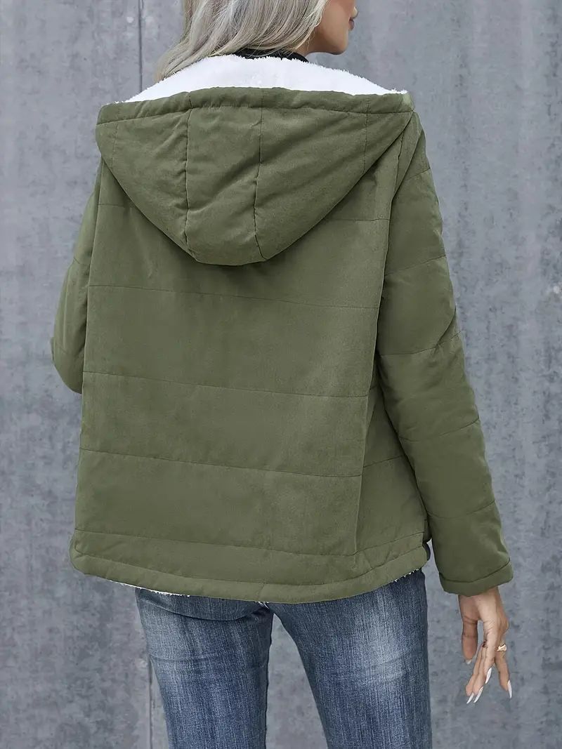 Women’s Fleece-Lined Hooded Coat – Preppy Style Warm Cotton Jacket with Pockets for Winter