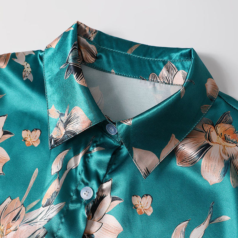 Women’s Satin Lapel Long Sleeve Shirt – Elegant Full Button Tapered Waist Top for Spring & Autumn