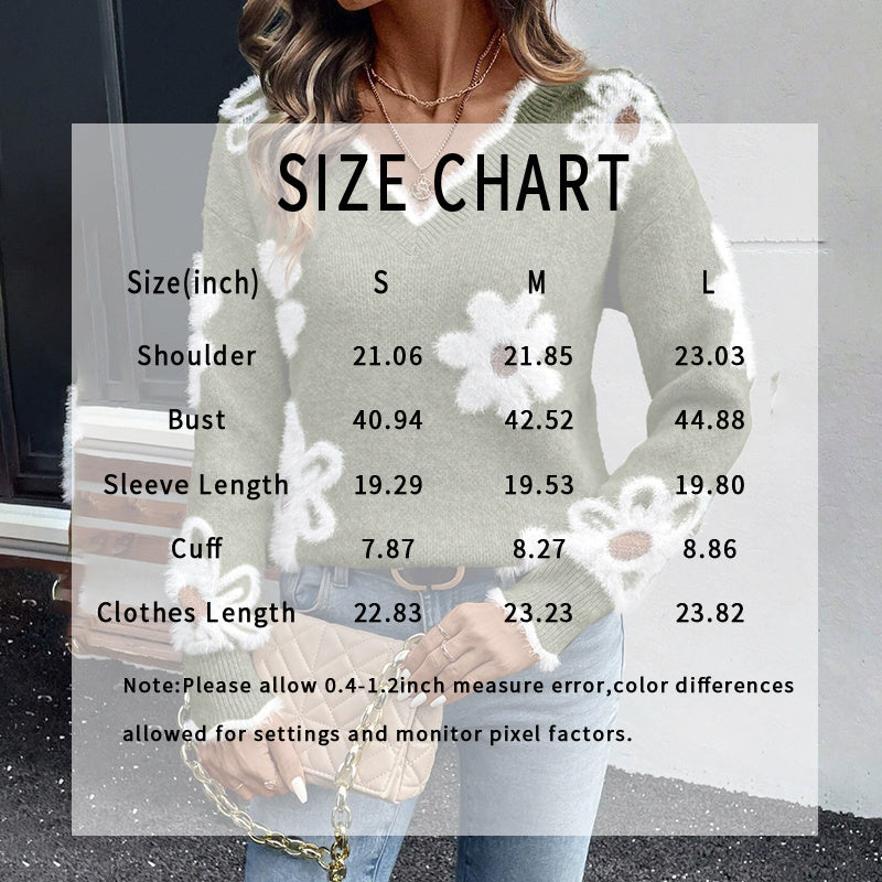 Women’s Fall Floral V-Neck Sweater – Long Sleeve Pullover with Scallop Trim