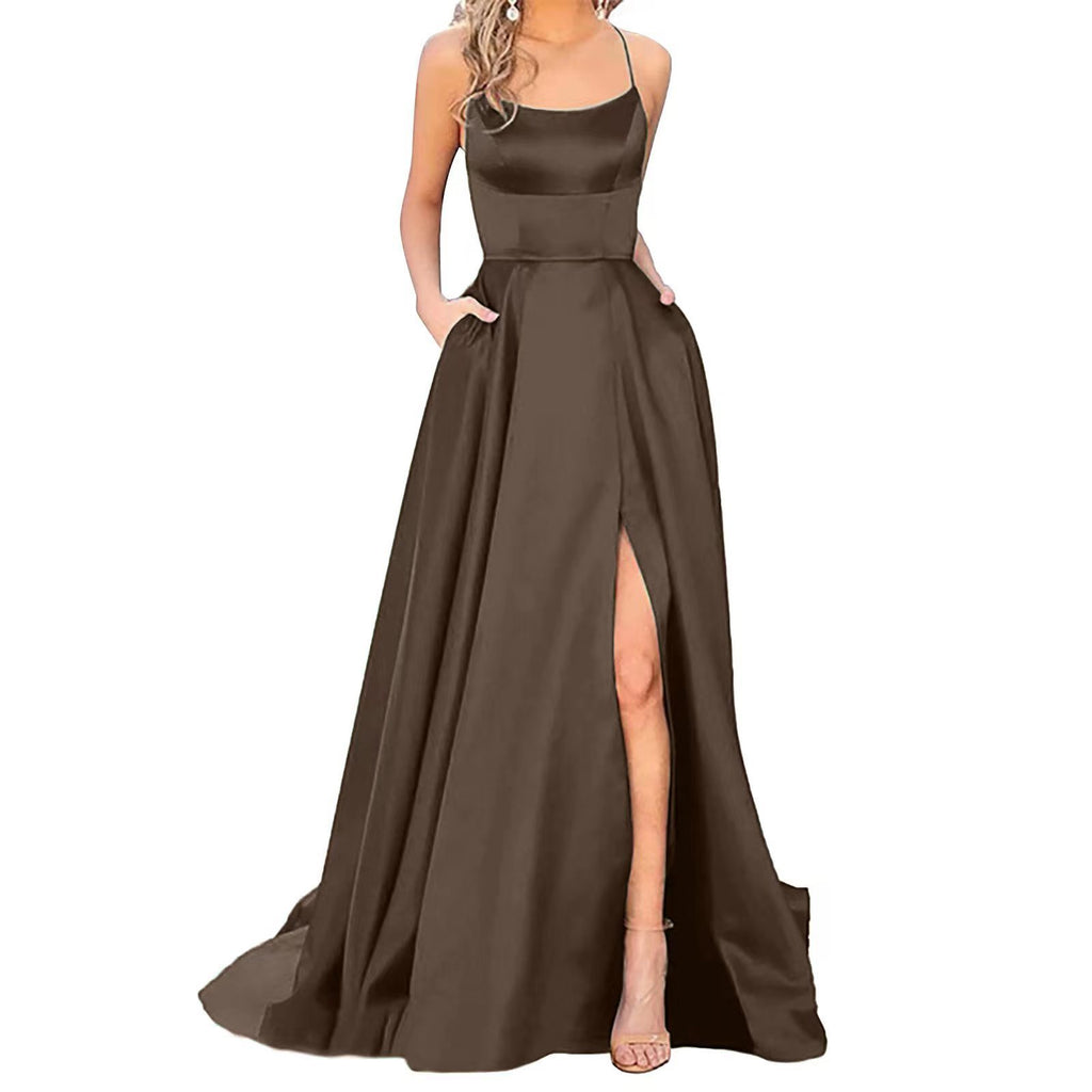 Women’s Solid Color Slim Fit Hollow Shoulder Dress – Elegant Bridesmaid & Party Long Dress