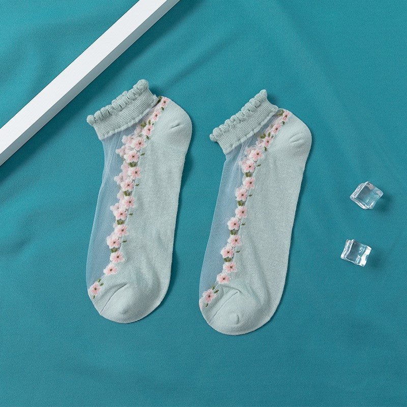 Women’s Crystal Lace Boat Socks – Thin Spun Glass Sheer Ankle Socks