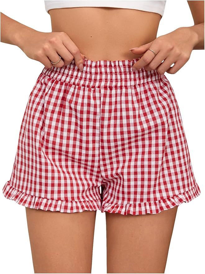 Women’s Plaid Print Button-Front Elastic Waist Shorts – Casual Comfy Summer Bottoms