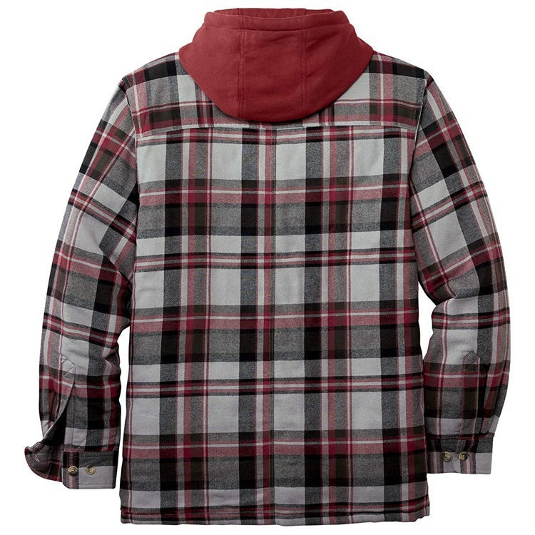Men’s Thickened Cotton-Padded Plaid Hooded Jacket – Warm Loose Long Sleeve Winter Coat