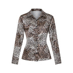 Women’s Satin Lapel Long Sleeve Shirt – Elegant Full Button Tapered Waist Top for Spring & Autumn