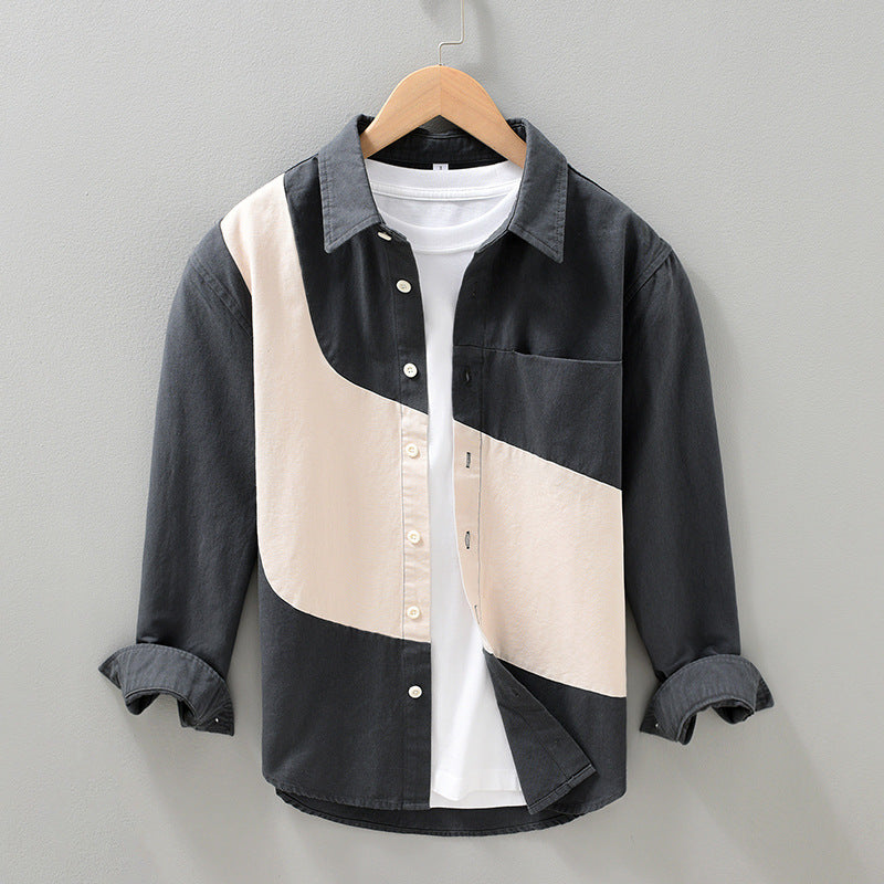 Men’s Stitching Long Sleeve Shirt – Stylish Contrast Panel Casual Fashion Top