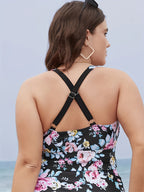 Women’s Plus-Size Floral Bikini Top with Adjustable Straps & Pleated Skirt – Beach Swimwear