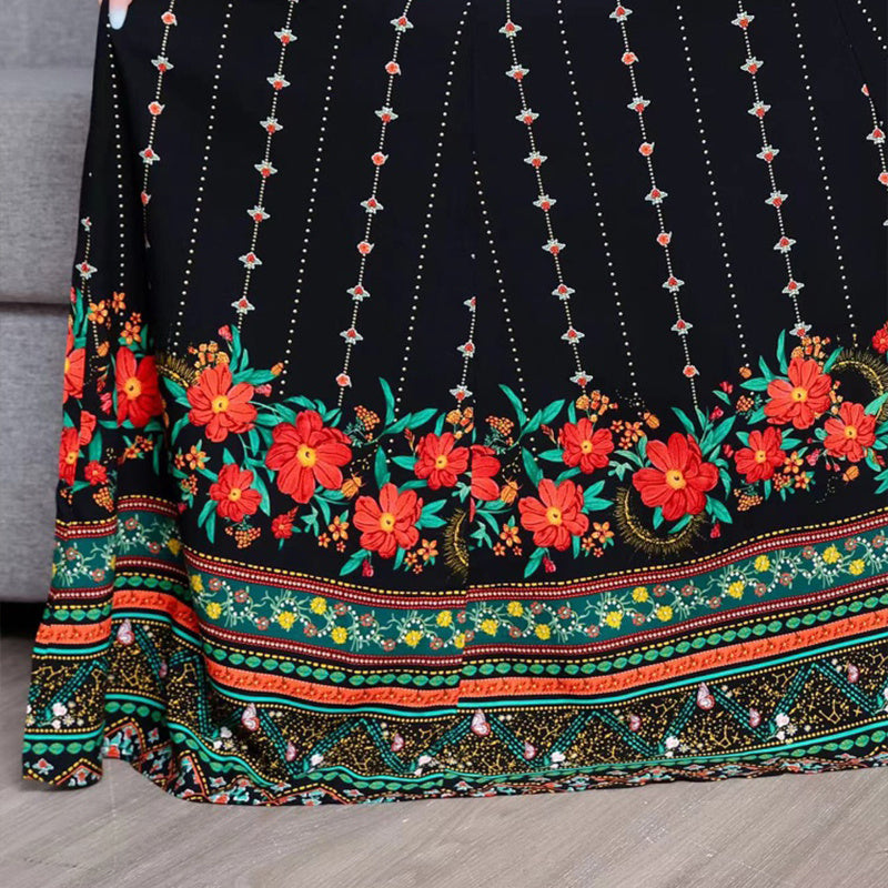 Women’s Ethnic V-Neck Embroidered Floral Maxi Dress – Long Sleeve A-Line Dress with Printed Hem