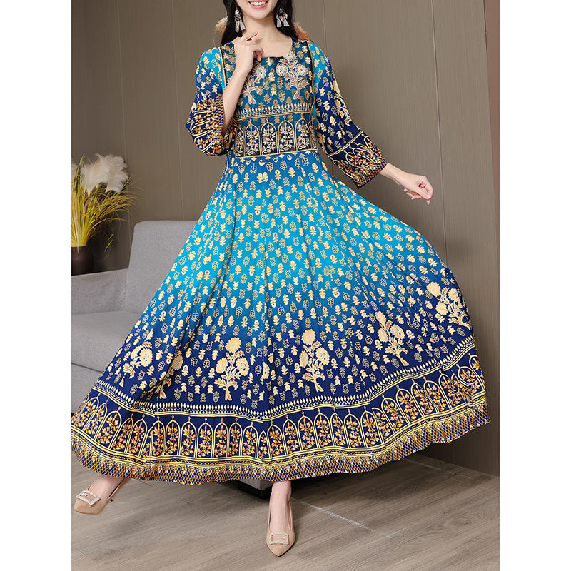 Women’s Bohemian Embroidered Maxi Dress – Square Neck 3/4 Sleeve Flowy Ethnic Style Party Dress