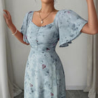 Women’s Square Neck Butterfly Print Maxi Dress – Short Sleeve A-Line Flowy Summer Vacation Dress