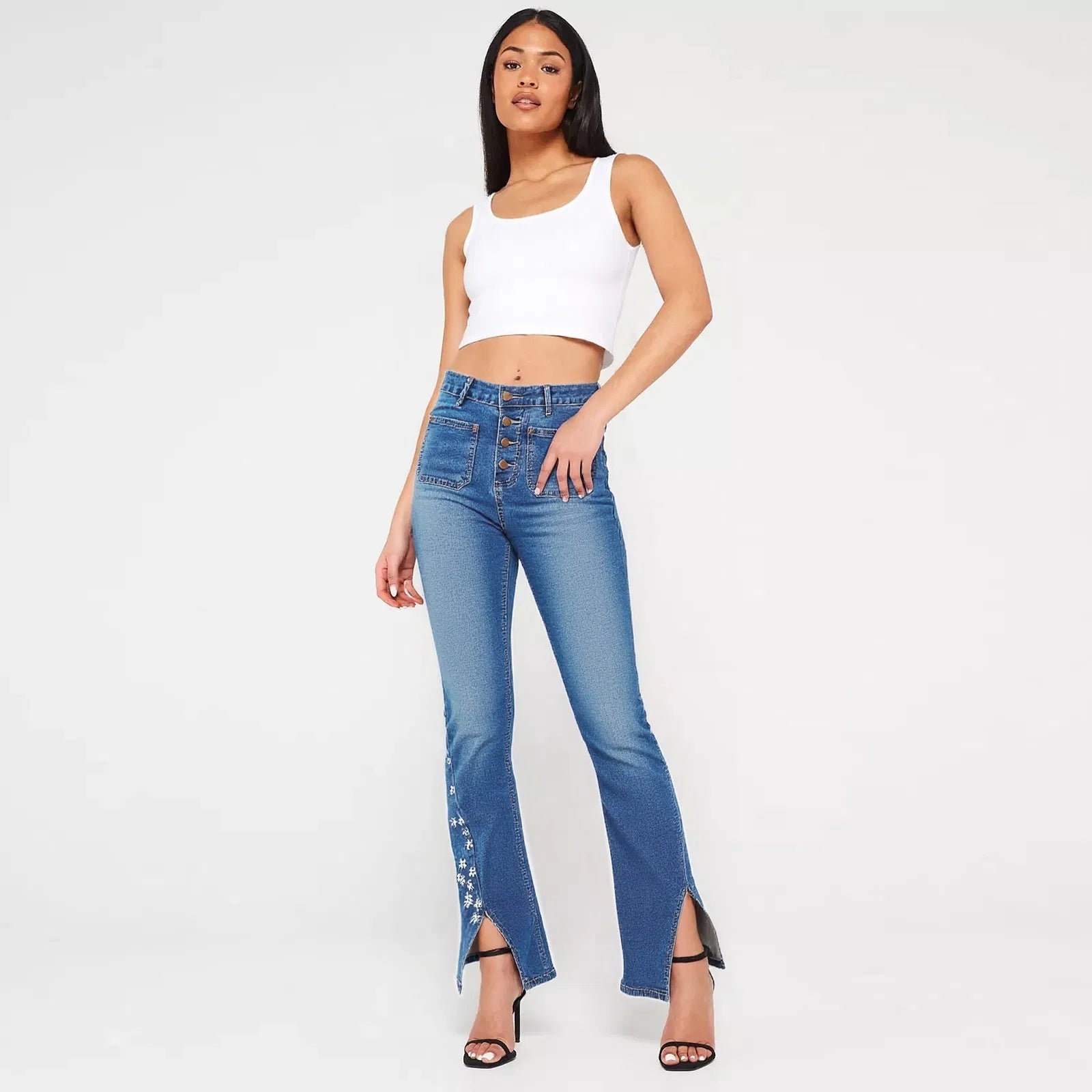 Women's High-Waist Star Patch Jeans – Retro Y2K Wide-Leg Light Wash Full-Length Denim for All Seasons