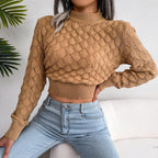 Women's 3D Diamond Pattern Cropped Knit Sweater – Long Sleeve Cozy Pullover for Autumn & Winter