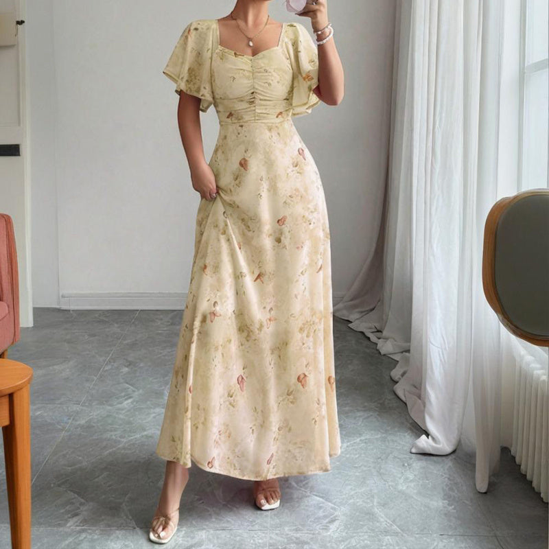 Women’s Square Neck Butterfly Print Maxi Dress – Short Sleeve A-Line Flowy Summer Vacation Dress