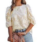 Women’s Puff Sleeve Chiffon Top – Loose Fit Floral Textured Blouse for Elegant Casual Wear