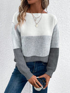 Women’s Pullover Knitted Sweater – Fashion Round Neck Splicing Loose Knit Top