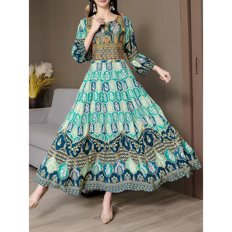 Women’s Bohemian Print Maxi Dress – Ethnic Round Neck 3/4 Sleeve Embroidered Flowy Party Dress