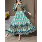 Women’s Bohemian Print Maxi Dress – Ethnic Round Neck 3/4 Sleeve Embroidered Flowy Party Dress