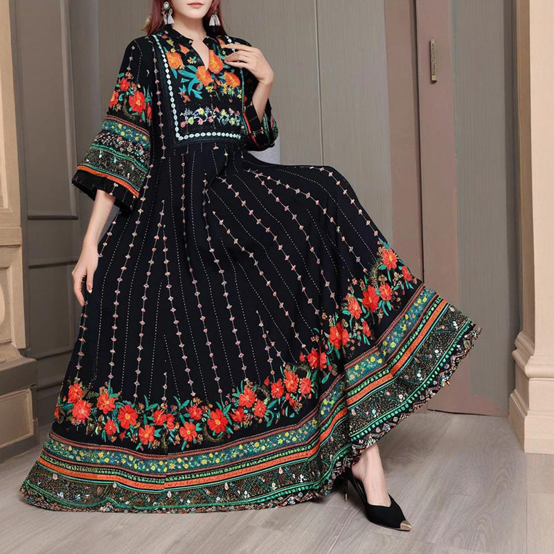 Women’s Ethnic V-Neck Embroidered Floral Maxi Dress – Long Sleeve A-Line Dress with Printed Hem