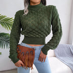 Women's 3D Diamond Pattern Cropped Knit Sweater – Long Sleeve Cozy Pullover for Autumn & Winter