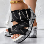 Newspaper Print Platform Wedge Slides – Trendy Slip-On Sandals for Women (Anklet Not Included)
