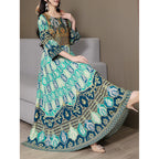 Women’s Bohemian Print Maxi Dress – Ethnic Round Neck 3/4 Sleeve Embroidered Flowy Party Dress