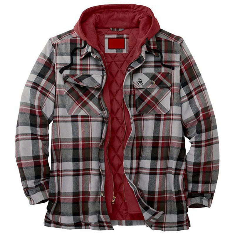 Men’s Thickened Cotton-Padded Plaid Hooded Jacket – Warm Loose Long Sleeve Winter Coat