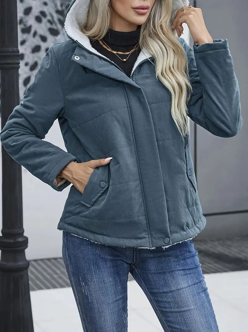 Women’s Fleece-Lined Hooded Coat – Preppy Style Warm Cotton Jacket with Pockets for Winter