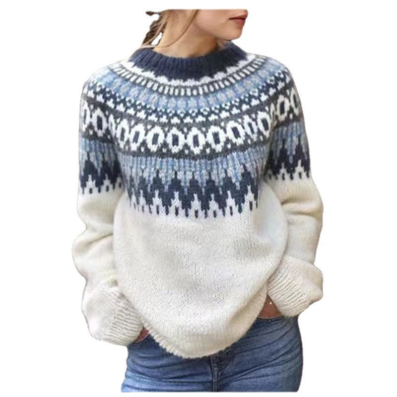Round Neck Jacquard Vintage Print Pullover Sweater – Retro Casual Knitwear for Men & Women