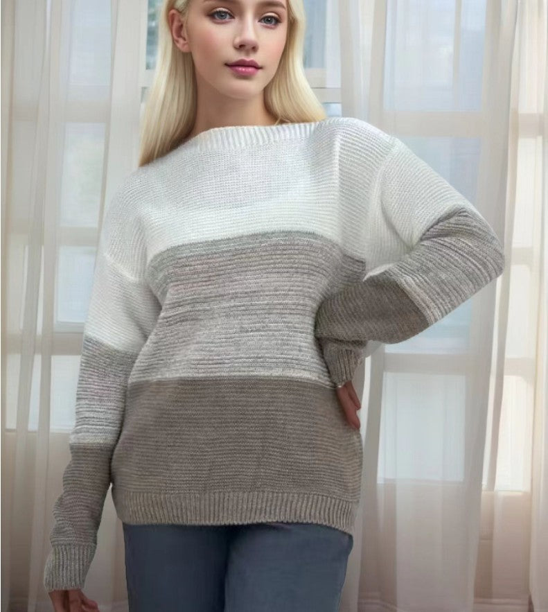 Women’s Pullover Knitted Sweater – Fashion Round Neck Splicing Loose Knit Top