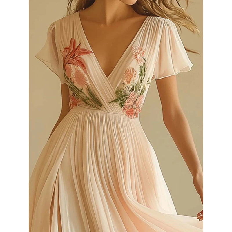 Women’s Floral Print V-Neck Pleated Chiffon Maxi Dress – Flowy Beach & Wedding Guest Dress with Flutter Sleeves
