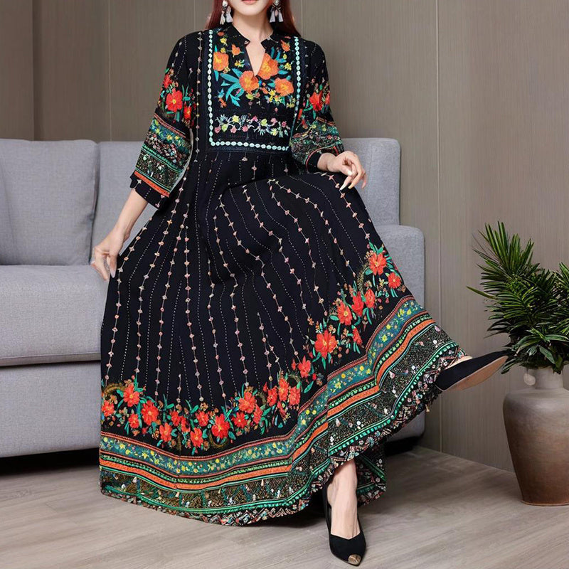 Women’s Ethnic V-Neck Embroidered Floral Maxi Dress – Long Sleeve A-Line Dress with Printed Hem