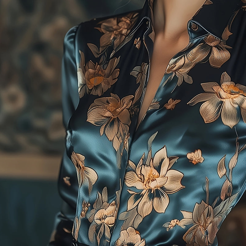 Women’s Satin Lapel Long Sleeve Shirt – Elegant Full Button Tapered Waist Top for Spring & Autumn