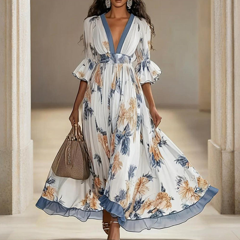 Women’s Floral Print Maxi Dress – Deep V-Neck & Flare Sleeves Elegant Evening Dress