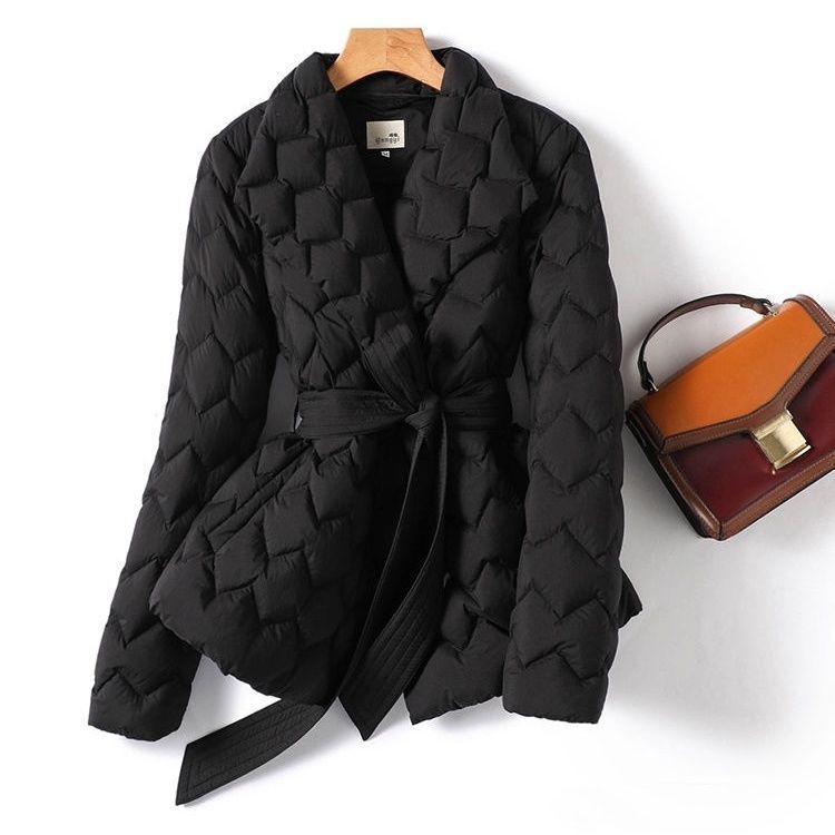 Women’s Winter Ripple-Stitch Jacket with Belt – Fashionable Lightweight Lapel Coat with Pockets