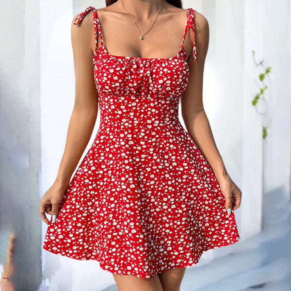 Women’s Floral Mini Dress – Spaghetti Strap Tie Shoulder Boho Ruffle Summer Dress