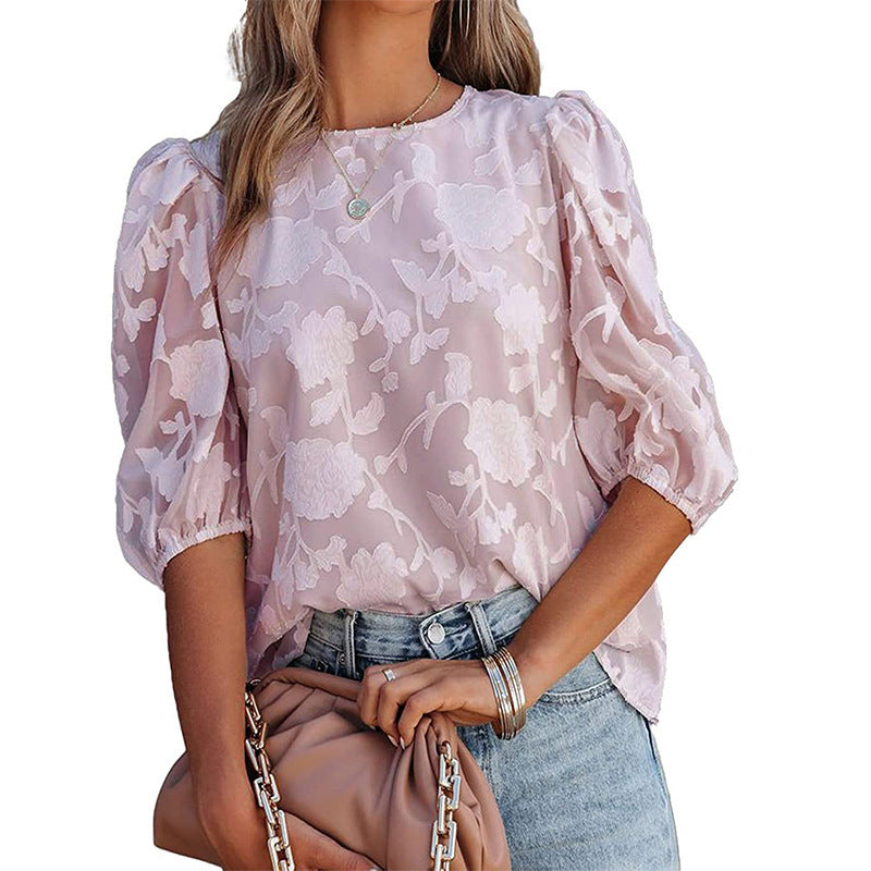 Women’s Puff Sleeve Chiffon Top – Loose Fit Floral Textured Blouse for Elegant Casual Wear