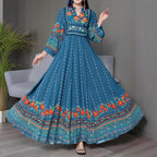 Women’s Ethnic V-Neck Embroidered Floral Maxi Dress – Long Sleeve A-Line Dress with Printed Hem
