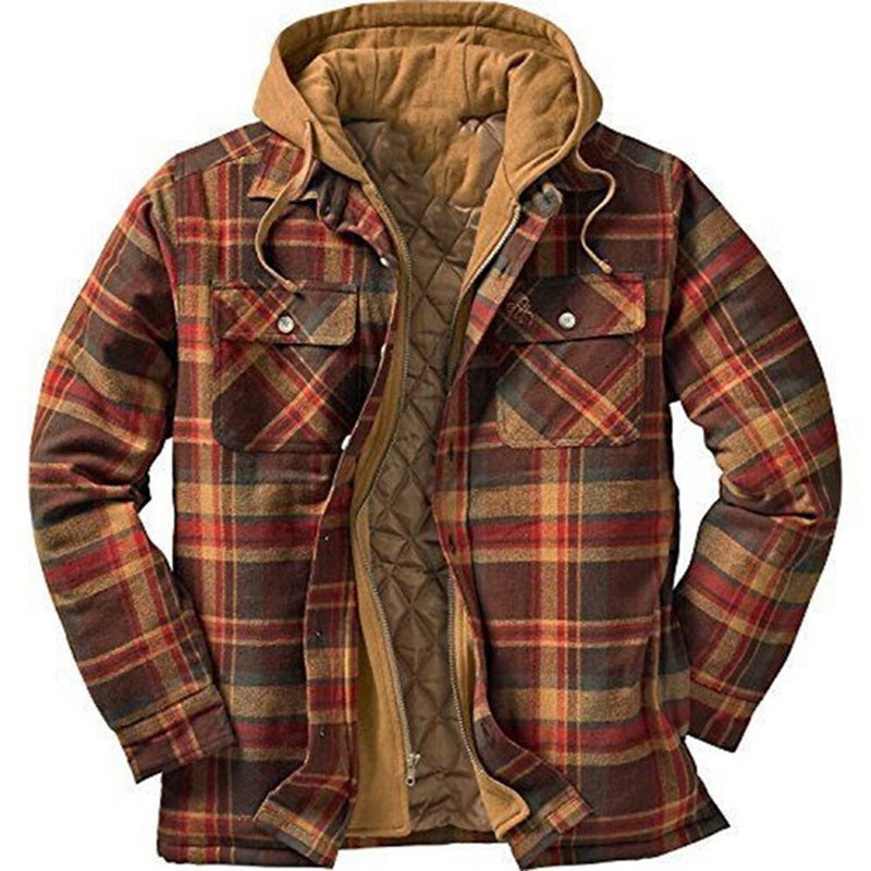 Men’s Thickened Cotton-Padded Plaid Hooded Jacket – Warm Loose Long Sleeve Winter Coat